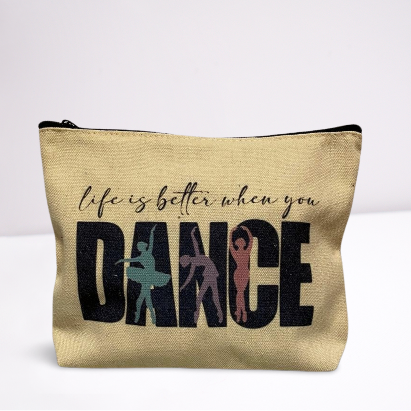 Beige toilettas met zwarte opdruk Dance